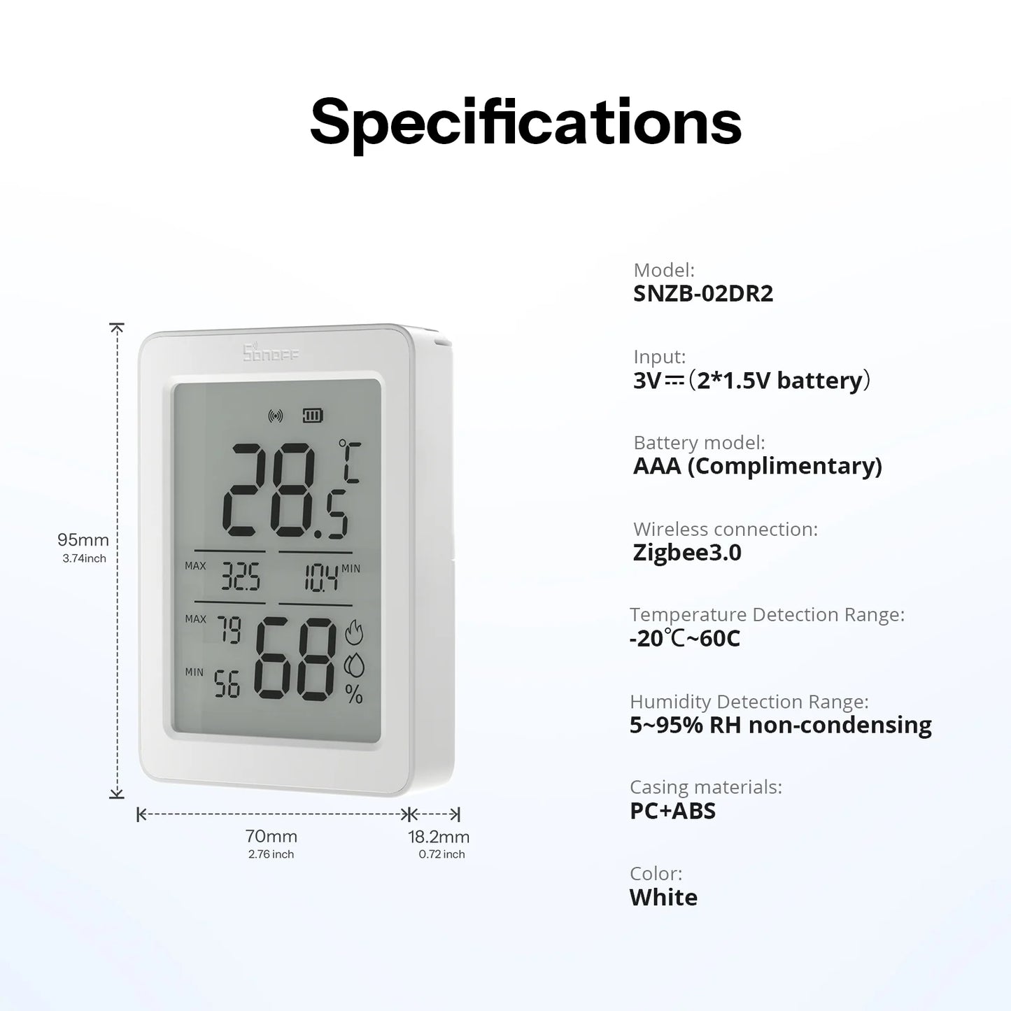 SONOFF AirGuard TH 3.6'' LCD Zigbee Temperature And Humidity Sensor | SNZB-02DR2