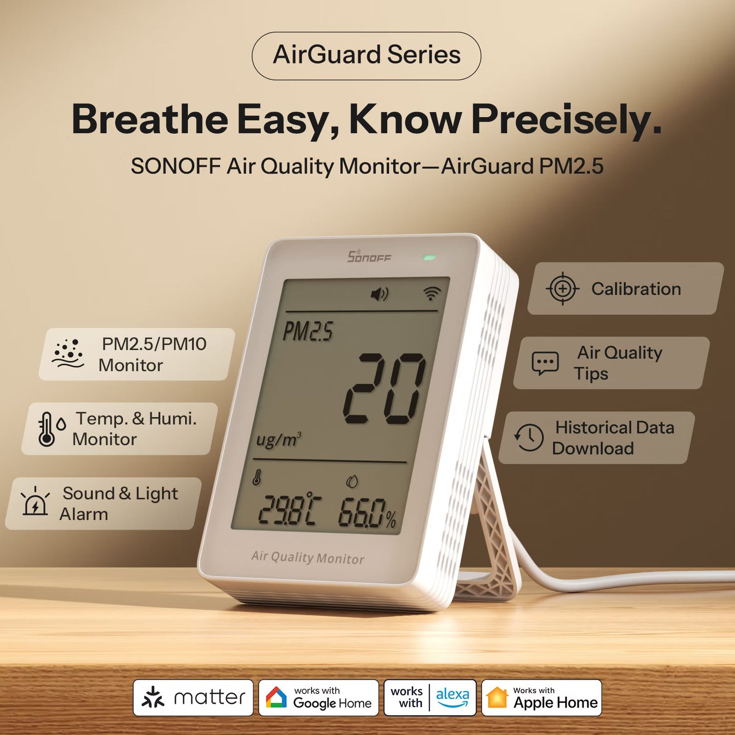 SONOFF AirGuard PM2.5/PM10 Matter Over Wi-Fi Air Quality Monitor | SAWF-07P