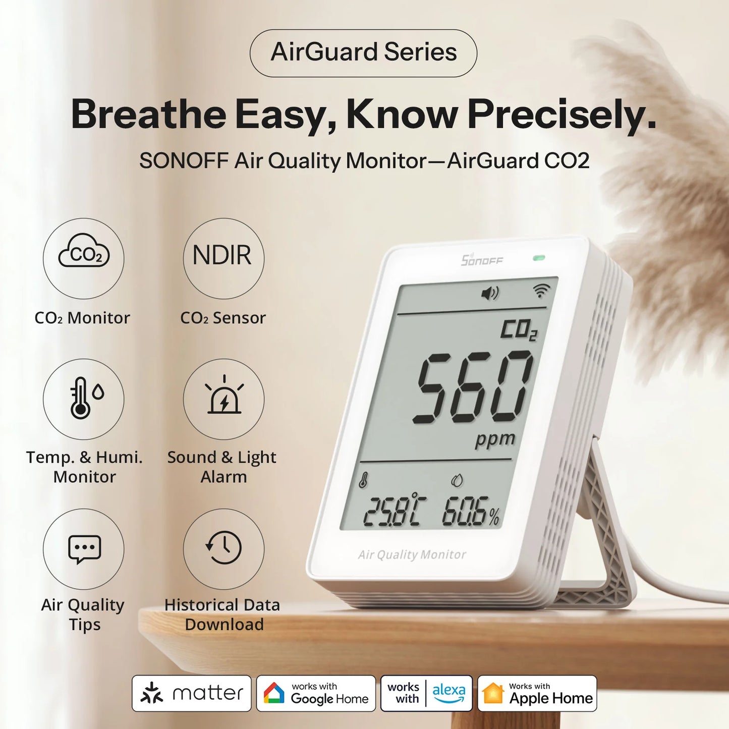 SONOFF AirGuard CO2 Matter Over Wi-Fi Air Quality Monitor | SAWF-08P