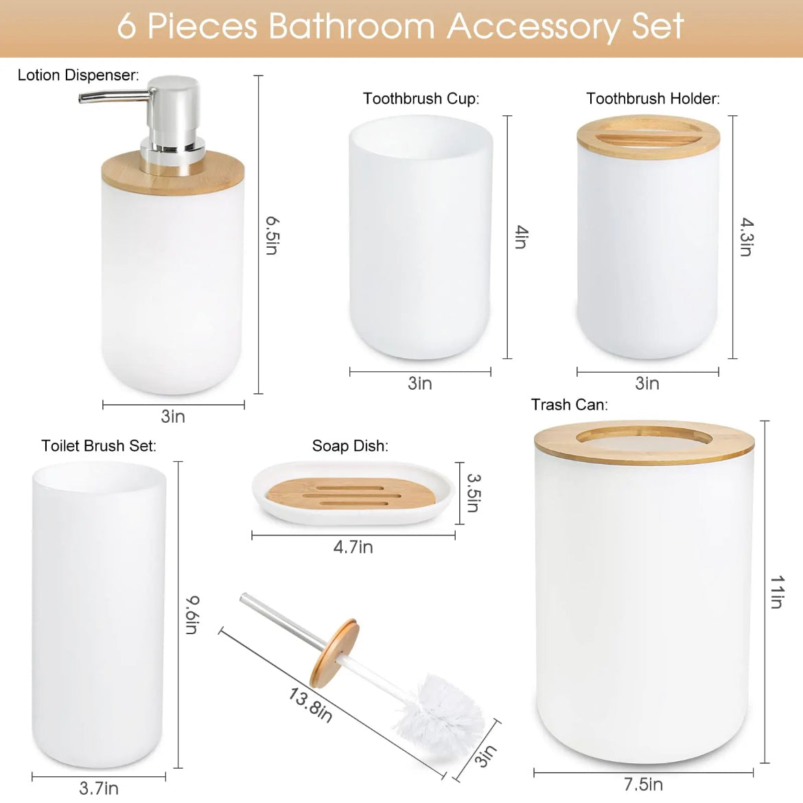 Bamboo Plastic Bathroom Accessories Set (6pcs)